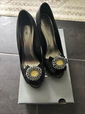 Apt. 9 Black Peep-Toe Heels with Yellow and Silver Brooch